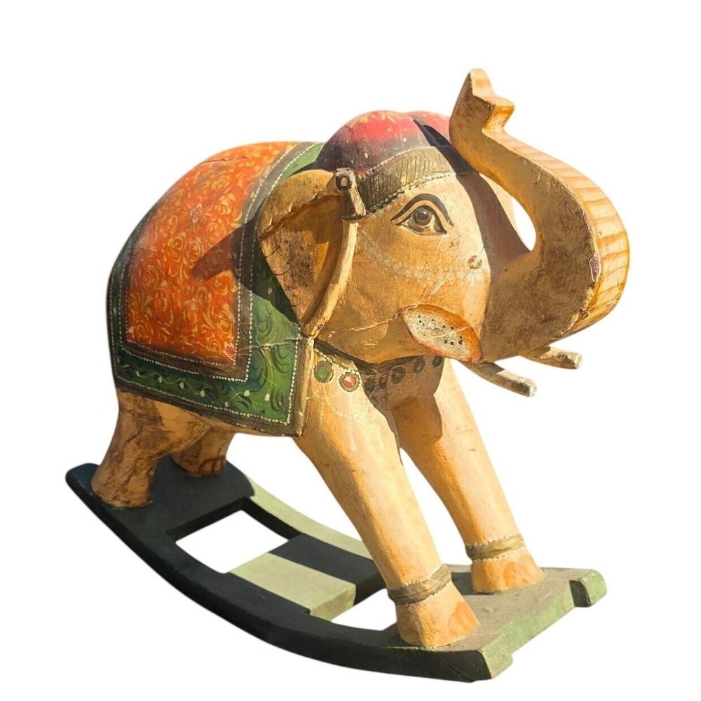 Vintage Hand Painted Wooden‎ Rocking Elephant Figurine Folk Art Indian Decor